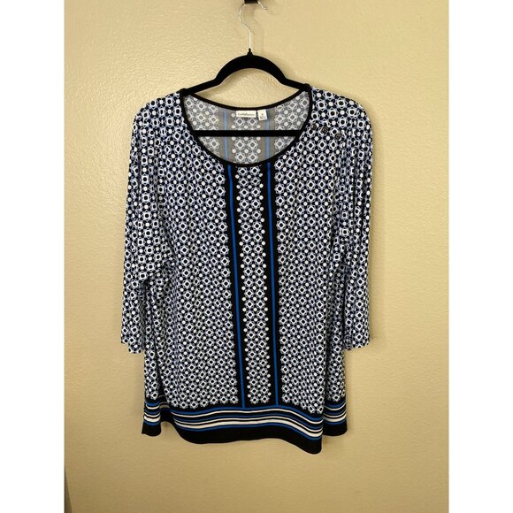 Croft & Barrow Womens 1X Blue Black 3/4 Sleeve Top Geometric Floral Polyester - Picture 2 of 7